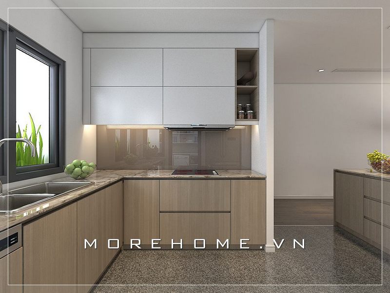 Thiết kế nội thất phòng bếp hiện đại với tone màu trẻ trung, nhẹ nhàng cho nhà chung cư